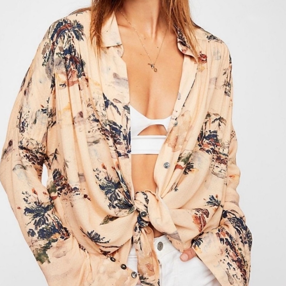 Free People Loving on You Peach Watercolor Tropical Print Button Down Medium